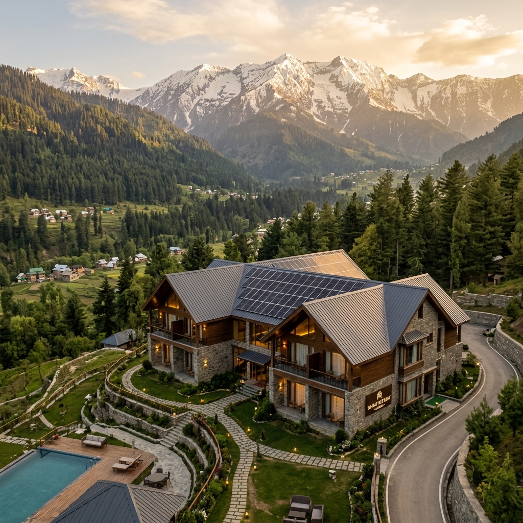 Premium Kashmiri villa with installed rooftop solar panels against snowy peaks
